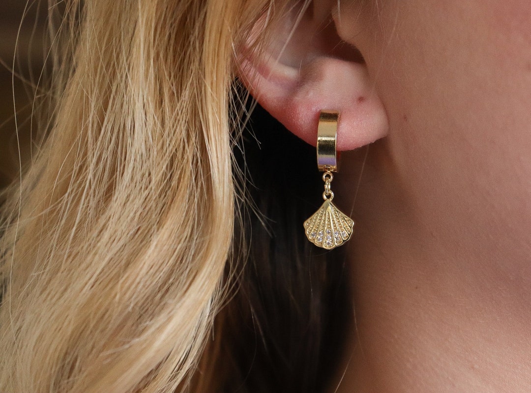 Shell Earrings, 18k Gold Plated Cubic Zirconia Shell Earrings, Shell ...