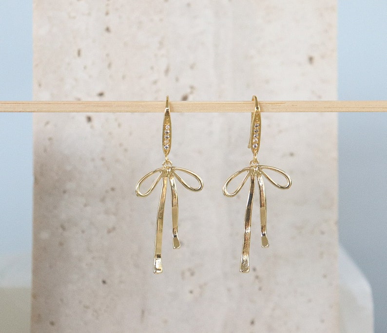 bow earrings, 14k gold filled bows on gold plated cubic zirconia hook, gold filled bow earrings, minimalist earrings, bridesmaid gift. image 2