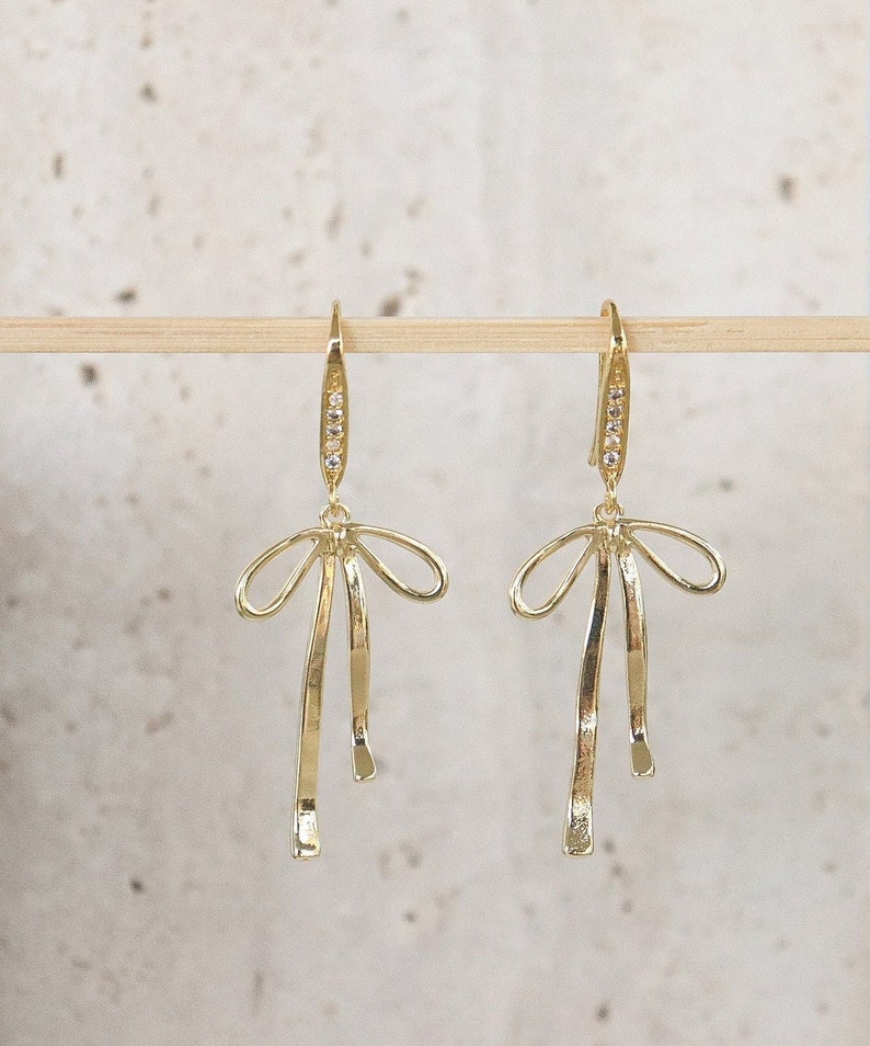 bow earrings, 14k gold filled bows on gold plated cubic zirconia hook, gold filled bow earrings, minimalist earrings, bridesmaid gift. image 8