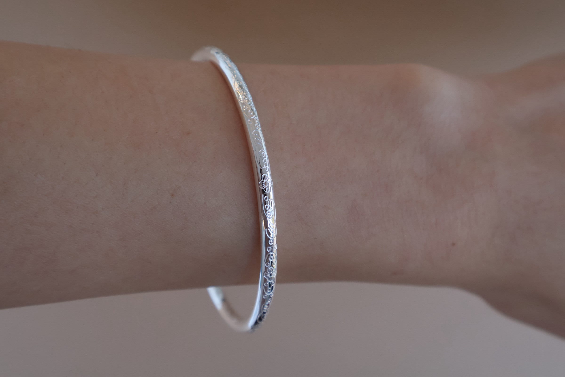 Sterling Silver Bangle, 999 Pure Sterling Silver Engraved Bracelet