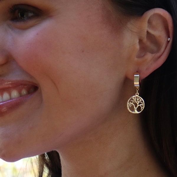 tree of life earrings, 18k gold plated tree of life earrings with chunky  hoop studs.