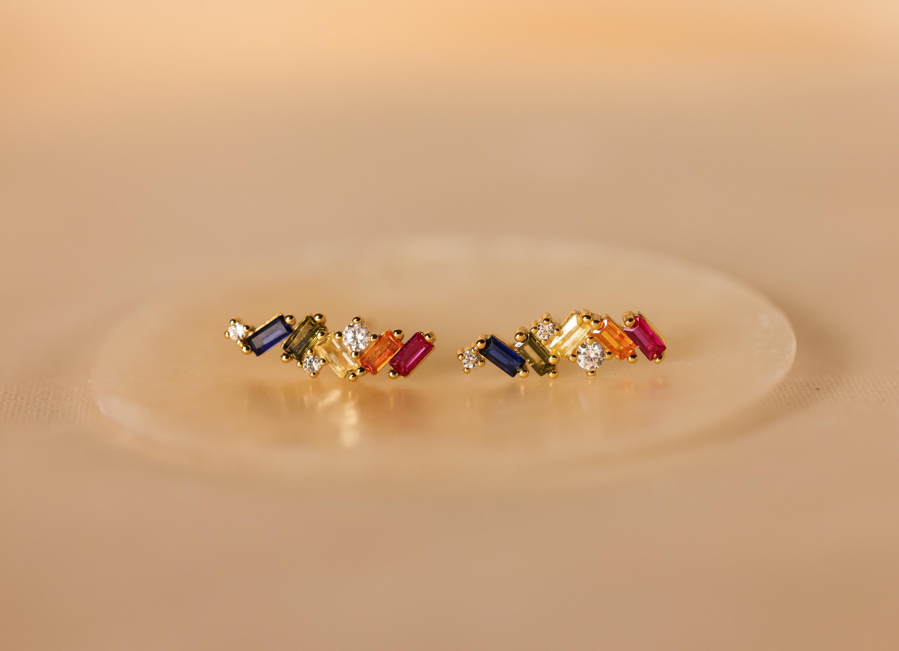 Birthstone stud earrings, colorful stud earrings, rainbow birthstone earrings, elegant stud earrings, bridesmaid gift, gift for her.
