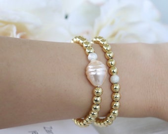set of 2 gold beaded bracelet, 14k gold plated non tarnish beaded bracelets with large pink shell bead. gold beaded bracelet.