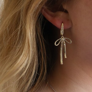 bow earrings, 14k gold filled bows on gold plated cubic zirconia hook, gold filled bow earrings, minimalist earrings, bridesmaid gift.