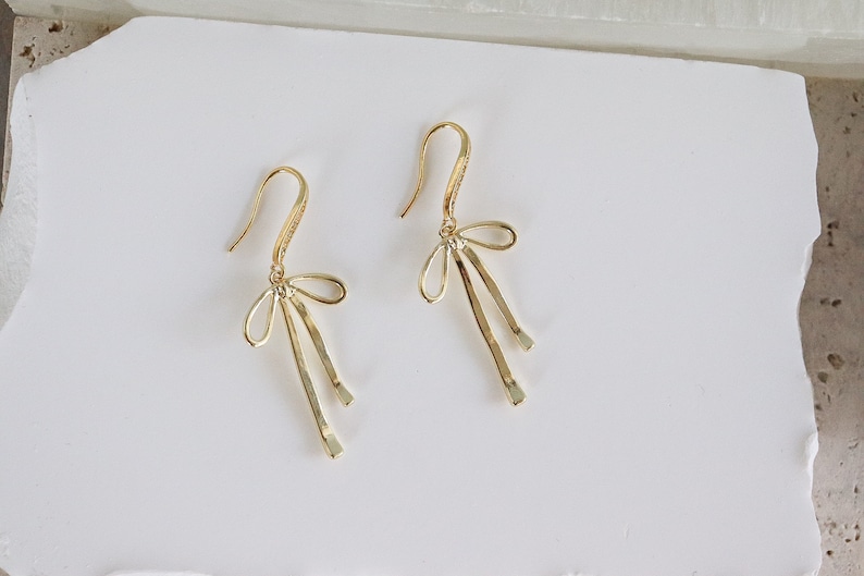 bow earrings, 14k gold filled bows on gold plated cubic zirconia hook, gold filled bow earrings, minimalist earrings, bridesmaid gift. image 4