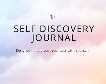 Puede incluir: Un fondo de acuarela rosa y azul con el texto "The Self Discovery Journal" y "Designed to help you reconnect with yourself". Debajo del texto hay un texto más pequeño que dice "a journal from MIYA".
