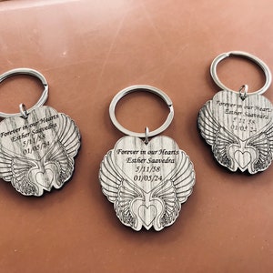 Funeral Favors Angel Wing Hearts Personalized keychain, celebration of life memorial favor service for guest in bulk, forever in our hearts