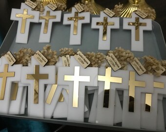 Personalized Cross Magnet Baptism Favors with Dried Flowers