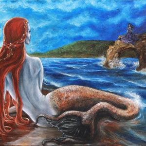 Original OOAK Red Headed Mermaid and Seascape Oil Painting on Canvas