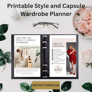 May include: A black and white printable guide with the title "Creating the Perfect Capsule Wardrobe" and "The Sweet Fiction Way" in a decorative font. The guide includes a table of contents with 16 worksheets. The guide is open to reveal a page with a woman wearing a red sweater and black pants. The guide is titled "Printable Style and Capsule Wardrobe Planner" and has the words "Instant Download" at the bottom.