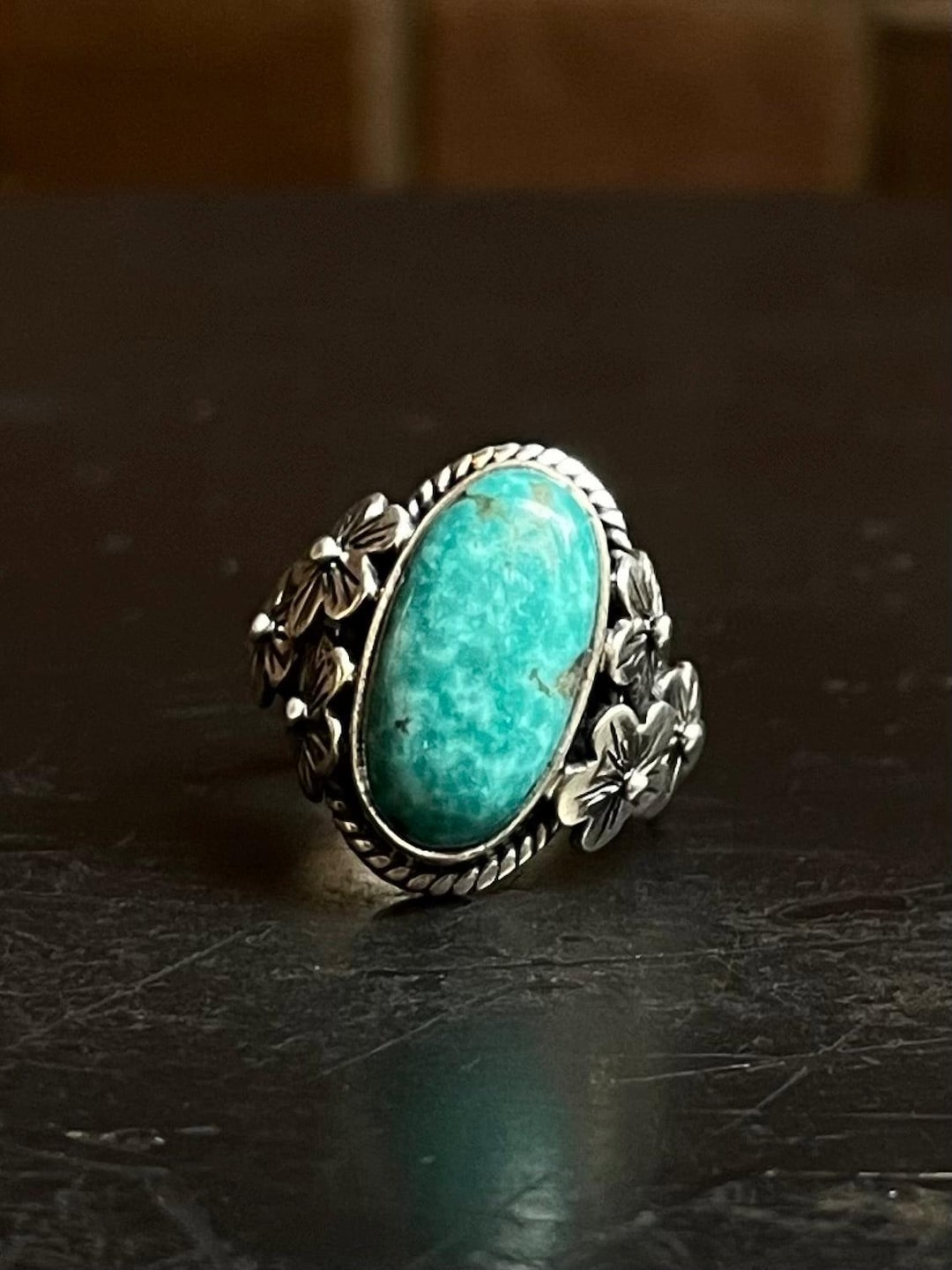 Kingman Turquoise Flower Ring | Sterling Silver | Size 9 | A023 - Etsy