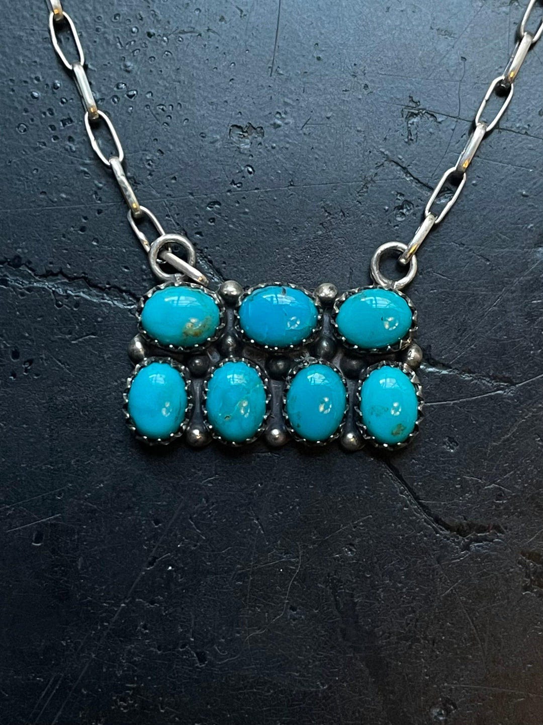 Kingman Turquoise Cluster Bar Necklace | 925 Sterling Silver E609 - Etsy