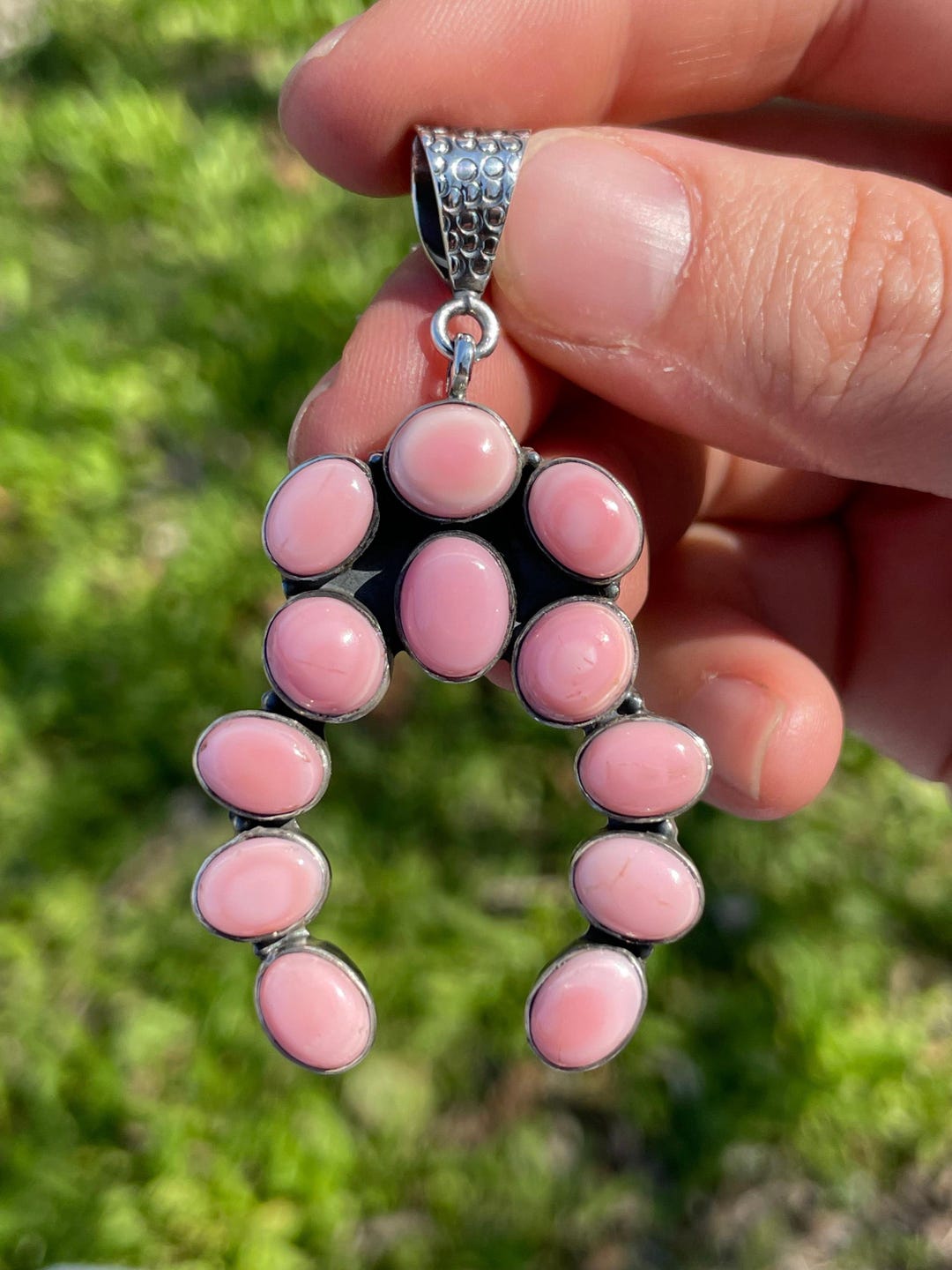 Sterling and Pink Conch FV Long Oval Pendant Necklace