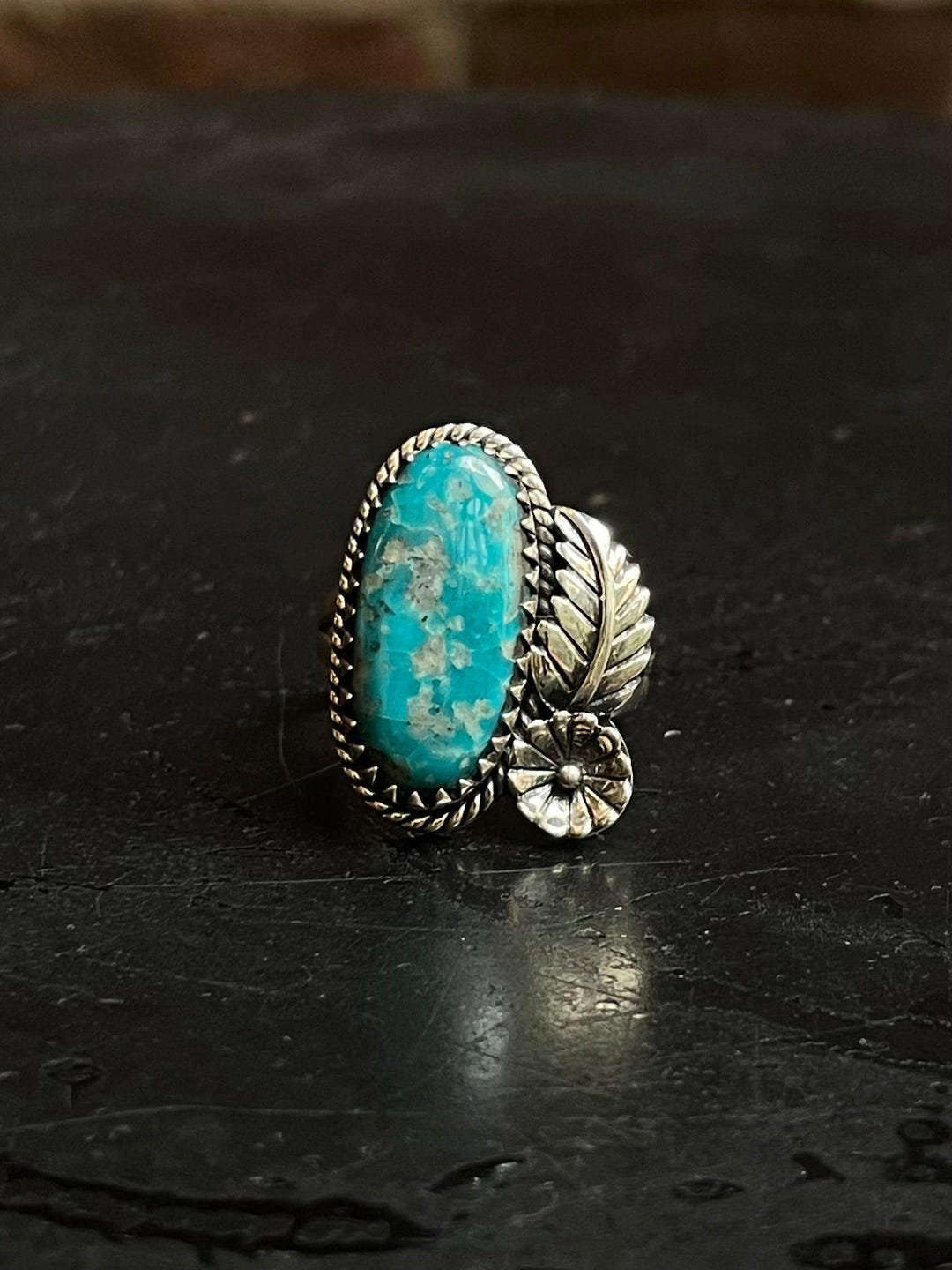 Kingman Turquoise Floral Ring Size 7.5 | 925 Sterling Silver Southwest ...