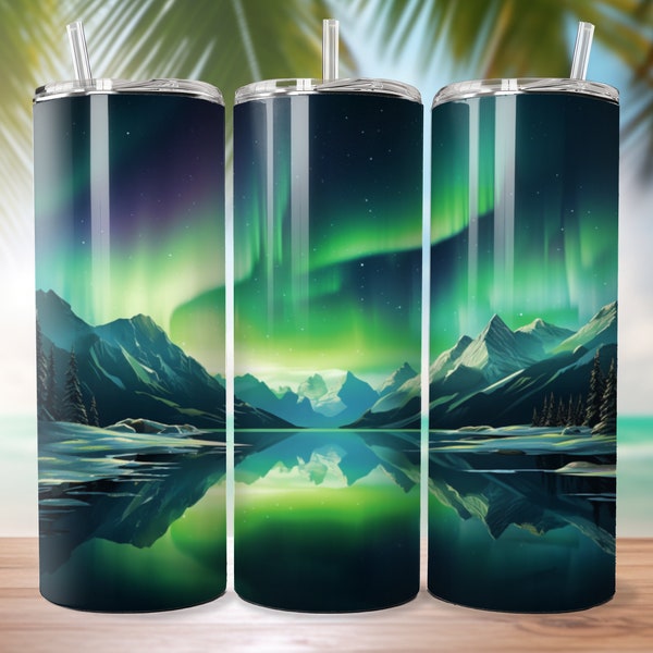 3D 20oz Skinny Tumbler Wrap Sublimation Design, Northern Lights Landscape, Instant Download, 300 DPI, PNG & PDF, Straight/Tapered