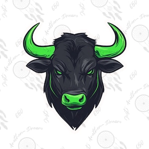 Può includere: Illustrazione stilizzata della testa di un toro. Il toro è nero con corna, occhi e muso verde brillante. L'immagine ha uno sfondo bianco con grafiche di acchiappasogni e il testo "Just Another Dream" e "650".