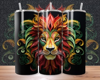 Rasta Lion, Design a sublimazione avvolgente per tumbler skinny 3D da 20 once, Reggae, Download digitale istantaneo, 300 DPI, PNG e PDF, Dritto/Rastremato