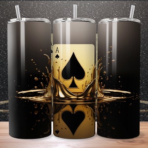 3D 20oz Skinny Tumbler Wrap Sublimation Design, Gold Ace Of Spades, Poker Cards, 300 DPI, PNG & PDF, Straight/Tapered