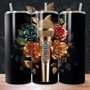 Gold Microphone, 3D 20oz Skinny Tumbler Wrap Sublimation Design, Instant Download, 300 DPI, PNG & PDF, Straight/Tapered