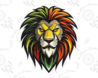 Könnte beinhalten: Ein Löwenkopf mit einer grün-gelb-roten Mähne. Das Gesicht des Löwen ist wild und die Mähne ist so gestylt, dass sie an Dreadlocks erinnert.