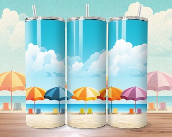 3D 20oz Skinny Tumbler Wrap Sublimation Design, Beach Vibes, Umbrella, Instant Digital Download, 300 DPI, PNG & PDF, Straight/Tapered