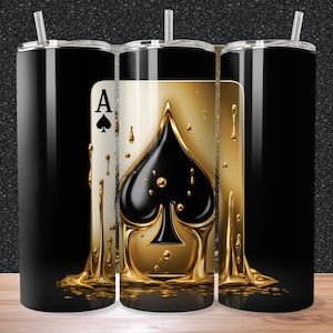 As de pique doré, design 3D à sublimation pour gobelet skinny 20 oz, cartes de poker, 300 ppp, PNG et PDF, droit/conique