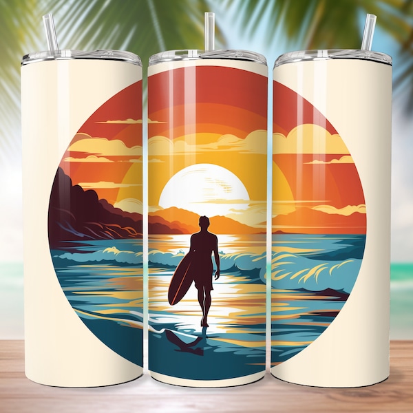 3D 20oz Skinny Tumbler Wrap Sublimation Design, Surfer Guy, Sunny, Instant Digital Download, 300 DPI, PNG & PDF, Straight/Tapered
