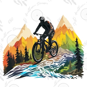 May include: Silhouette of a person riding a mountain bike up a colourful mountain trail. The mountain is a gradient of orange, yellow, green, and blue.