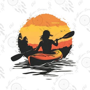 May include: Silhouette of a person kayaking on a lake at sunset. The sun is setting behind the person, casting a warm orange glow on the water. The person is paddling with a paddle in their right hand. The kayak is orange and black.