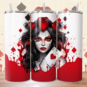 Design sublimatico avvolgente per bicchiere skinny 3D da 20 once, Regina di cuori, Carte da poker, 300 DPI, PNG e PDF, Dritto/Rastremato