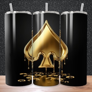 3D 20oz Skinny Tumbler Wrap Sublimation Design, Gold Ace Of Spades, Poker Cards, 300 DPI, PNG & PDF, Straight/Tapered