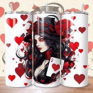 3D 20oz Skinny Tumbler Wrap Sublimation Design, Queen Of Hearts, Poker Cards, 300 DPI, PNG & PDF, Straight/Tapered