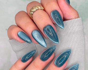 Brokatowe, akwamarynowe, kocie oko, prasowane paznokcie | Ocean Teal & Steel Blue Chrome Magnetyczne paznokcie