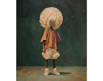 May include: An artistic painting of a person wearing an orange t-shirt, cream-colored shorts, and sneakers. A large, spherical object resembling a basketball is positioned above the person's head. The background is a dark green with brushstrokes.