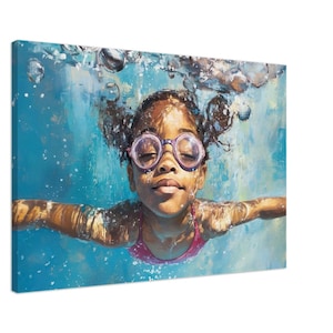 Canvas - Swim Art, Black Swimmer, Black Artist Prints, African American Art, Black Kids Art, Water Color, Freedom, Soft Aesthetic