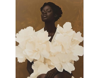 May include: An art print depicting a person with dark skin, eyes closed, adorned in a white floral dress. The backdrop is a warm brown with brushstroke textures, creating a soft, elegant aesthetic.