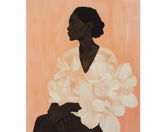 May include: An artistic painting of a person in profile, with dark skin and hair, wearing a white floral-adorned top. The background is a soft peach color, and the person is seated. The artwork has a modern, elegant feel.