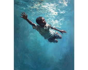 Pode incluir: Pintura artística de uma pessoa submersa na água, estendendo o braço para cima. A obra utiliza azuis e brancos, com o sujeito vestindo uma camisa clara e calções escuros. Bolhas e reflexos de luz adicionam à cena subaquática.