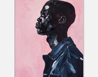 May include: A painting of a person with dark skin, wearing a dark blue jacket, against a pink background. The person is looking to the right, and their face is partially obscured by shadow.