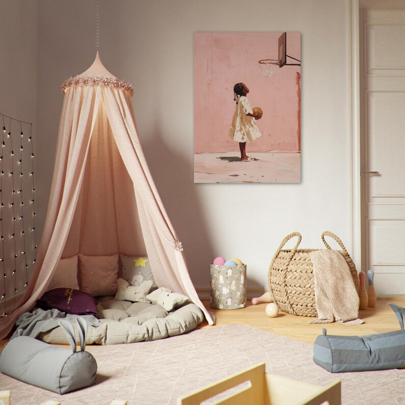 WNBA, oeuvre d'art pour enfants noirs, décoration d'intérieur, décoration pour fille, art sportif, art basket-ball, oeuvre d'art pour enfants, chambre de fille, esthétique douce, art floral image 3