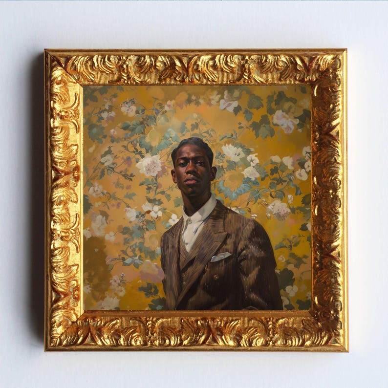 May include: A framed oil painting of a Black man in a brown suit with a white shirt and a patterned tie. He is standing in front of a yellow background with white flowers.