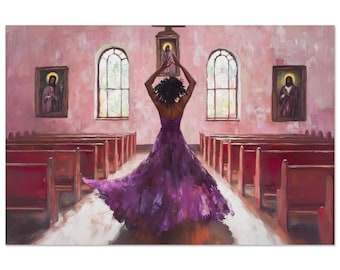 Puede incluir: Una pintura al óleo representa a una persona con un vestido morado fluido con los brazos levantados en una iglesia. El interior de la iglesia presenta bancos rojos, ventanas arqueadas y obras de arte religiosas. La obra es una impresión artística.