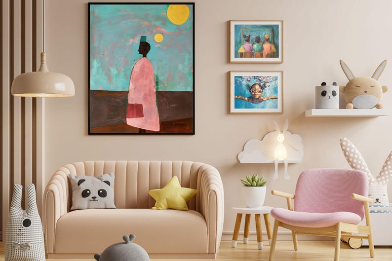 Abstrakt konst, svart kvinnokonst, svart konstnärstryck, minimalistisk, mjuk estetik, afroamerikansk konst, folkmålning, svart historia, sorgkonst bild 2