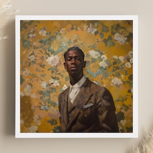 May include: A portrait painting of a person with dark skin wearing a brown patterned suit jacket against a yellow background with white flowers.
