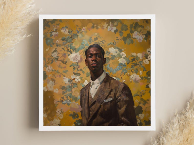 May include: A portrait painting of a person with dark skin wearing a brown patterned suit jacket against a yellow background with white flowers.