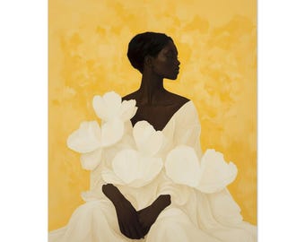 May include: An artistic portrait of a person in a white dress adorned with large, white floral accents. The person has dark skin and is set against a yellow background. The artwork evokes a sense of serenity and elegance.