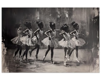 May include: A black and white photograph of seven young girls wearing white tutus and posing in a ballet formation. The girls are all smiling and looking at the camera. The background is a blurred image of a stage.