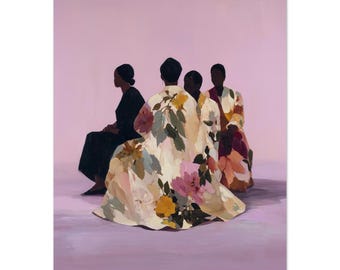 May include: An artistic print featuring four figures seated against a soft purple backdrop. The figures are depicted in silhouette, with one wearing a floral patterned garment in shades of pink, yellow, and green.