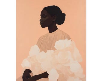 May include: An artistic print featuring a woman in profile, rendered in a soft, muted color palette. The woman has dark skin and hair, wearing a light-colored dress with a voluminous, floral-like embellishment. The background is a solid, peachy tone.