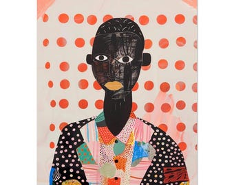 Puede incluir: Un retrato de collage colorido de una persona con una cara en blanco y negro sobre un fondo de lunares rojos sobre una superficie blanca.